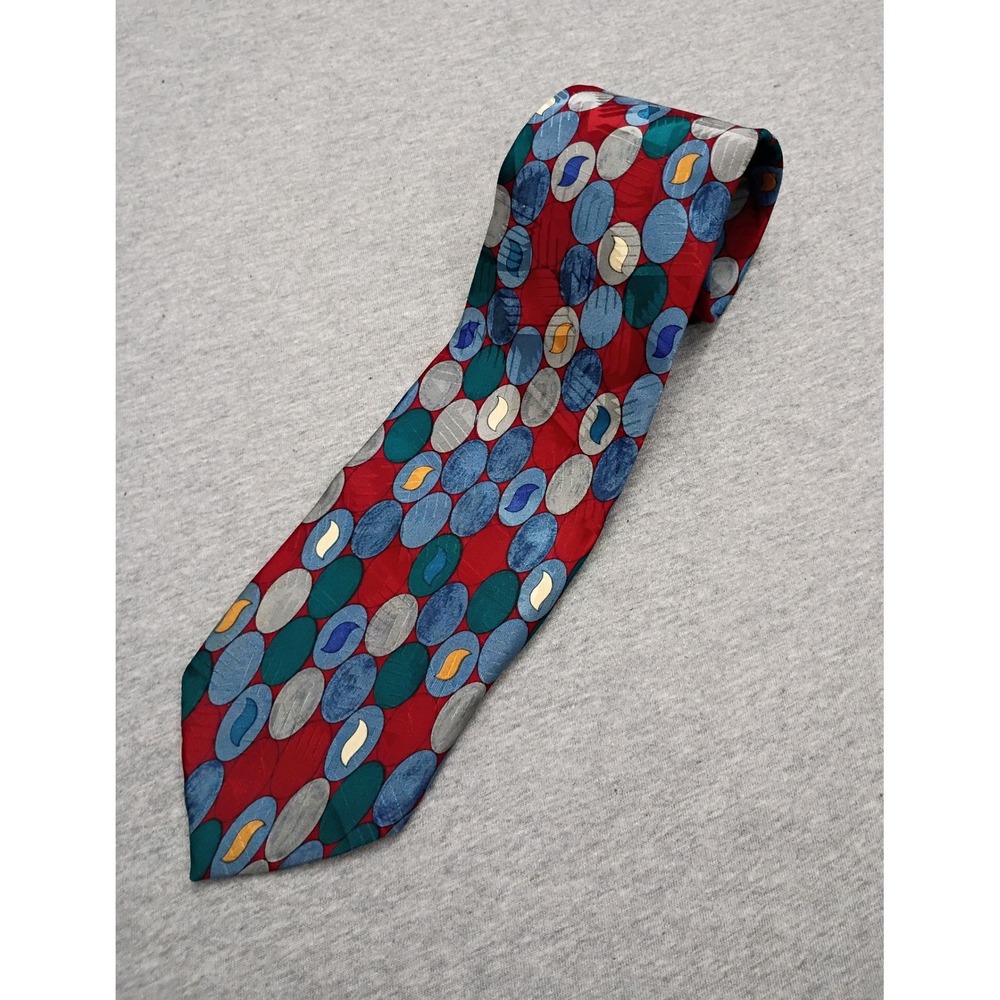 Oscar de la Renta Couture Collection Silk Tie Red Blue Geometric Oval USA Made